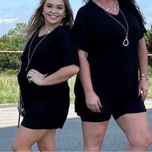 Black Waffle V Neck Short Sleeve Lounge Set Short Size Large New